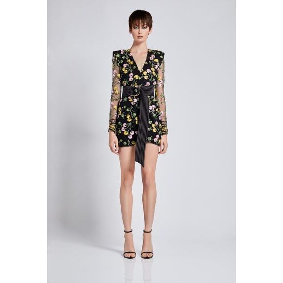 Zhivago In The Garden Floral Mesh Wrap Mini Dress black pink yellow size US 2 - Picture 15 of 15
